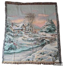 Vtg Mohawk Home Woven Tapestry Throw Sofa Blanket~Cabin in Woods 49” x 55”