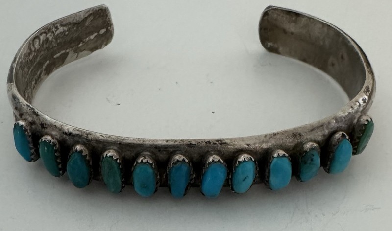 Vintage Navajo Sterling 12 Turquoise Cuff Bracelet Signed