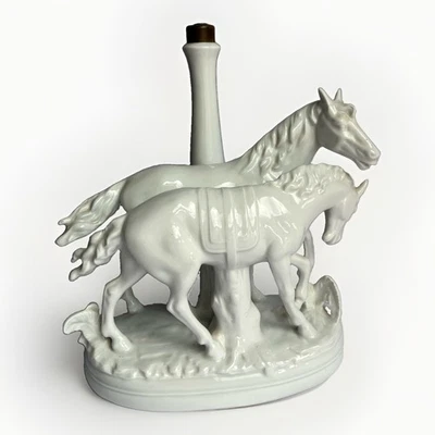 White Glazed Porcelain Sculpture Lamp of Horses Bavaria Germany 1950s Excellent - Image 1 of 4