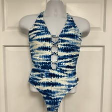 NWT Vince Camuto One Piece Swimsuit 14 Blue White Tie Dye Ladder Lace Azure