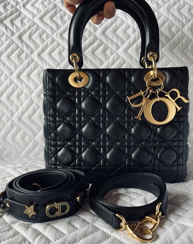 Christian Dior Lady Dior Black Lambskin Cannage Quilt Handbag 2 Way Shoulder Bag