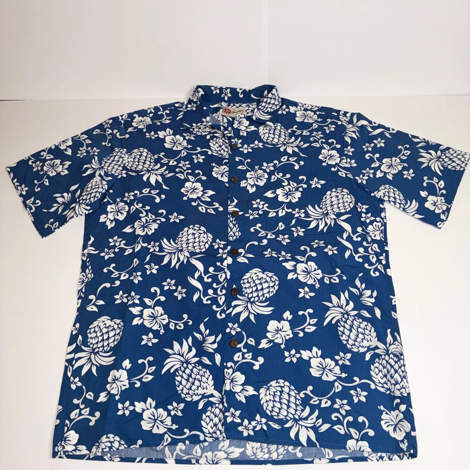 VGT Hilo Hattie The Hawaiian Original Blue & White Pineapple Floral Shirt Size L