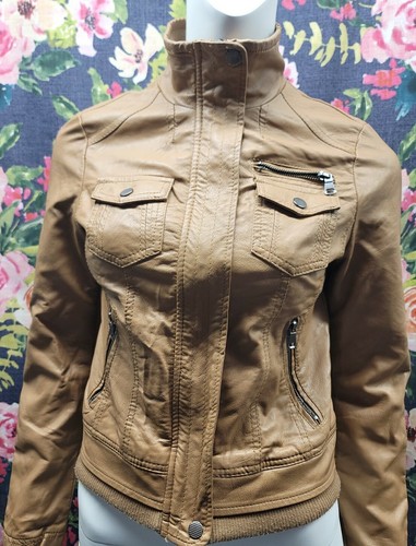 Guess Los Angeles Womens XS Brown Camel Tan Faux Leather PU Bomber Biker Jacket - Picture 5 of 8