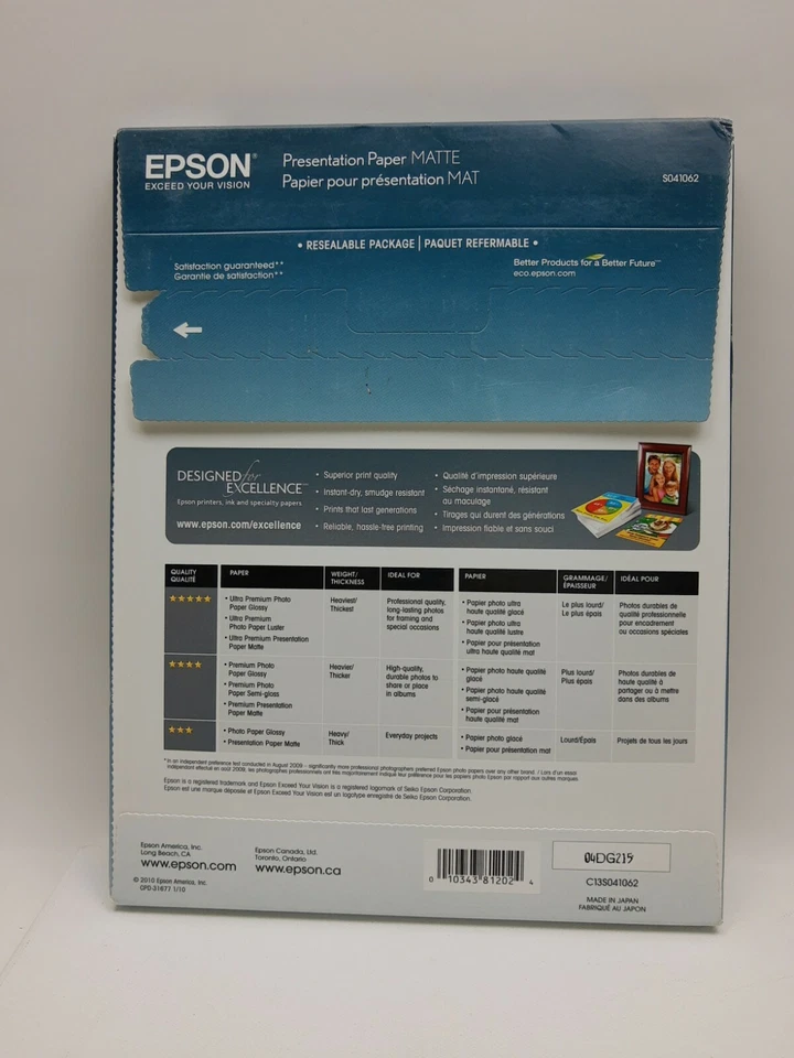 Epson Presentation Paper Matte Inkjet 8.5" x 11" 100 Sheets New Sealed S041062 - Image 2 of 2