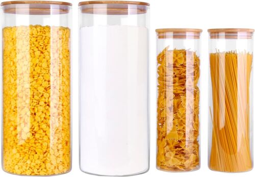 New-Glass Food Storage Jars, Food Containers with Airtight Bamboo Lids for Pasta