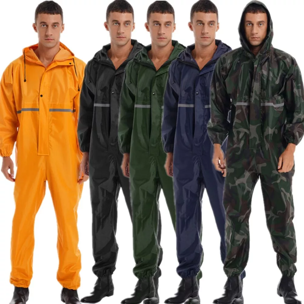 Unisex Mens Waterproof Coveralls Workwear Long Sleeve Hooded Rain Suit  Romper