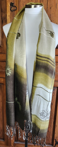 Hand-Dyed Pashmina Rectangle Shawl w/ Fringe in Cream, Brown & Olive 70" X 27" - Picture 6 of 7