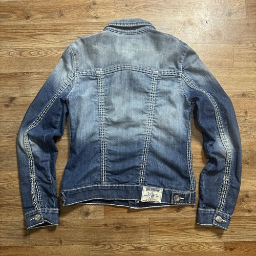 True Religion Denim Jacket Womens Large L Jimmy Blue Distressed Faded Snap Adult - Picture 7 of 8