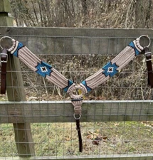 Wool Blend Multi String Western Breast Collar Teal And Oatmeal Colors Horse Size