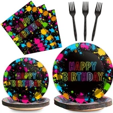 96 Pcs Neon Party Plates & Napkins - Glow in the Dark Tableware for 24 Guests