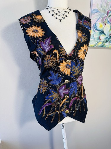Vintage Floral Beaded Sequins Vest Top SZ L Black Bohemian 90s Style Blue Floral