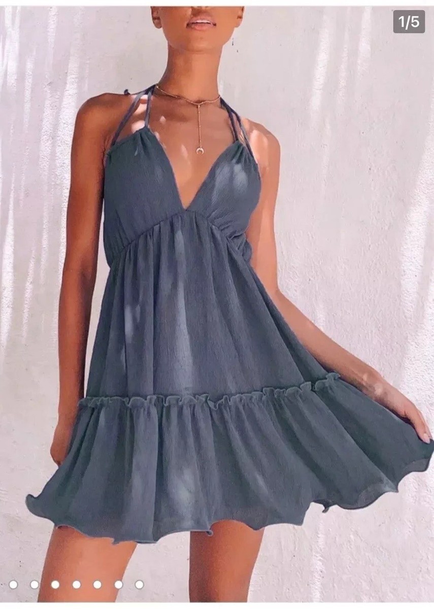 Sweet and Sunny Denim Blue Tiered Halter Babydoll Dress Lulus Size L $58