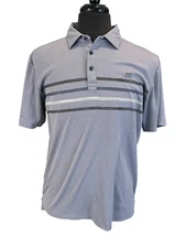 Travis Mathew Golf Shirt Gray White Blue Striped Med Polo Syngenta Sleeve Logo