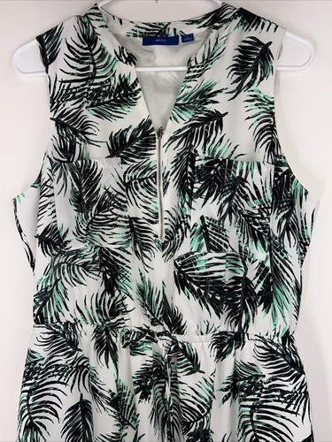 Apt 9 Sleeveless Sz L Lined Midi Dress Leaves Green White Elastic Waist Tropical - Picture 4 of 19