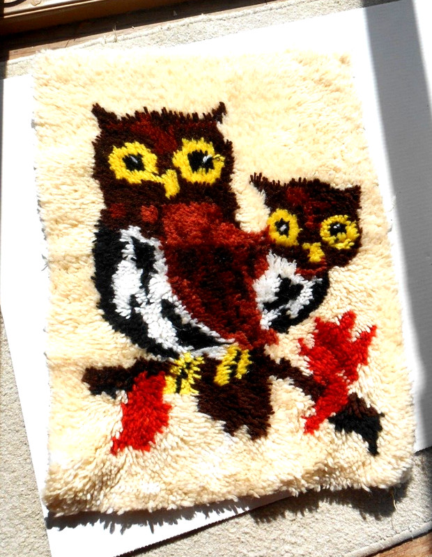 Vintage Owls Latch Hook Completed Rug Wall Hanging Owl Decor MCM Retro 26"x19"