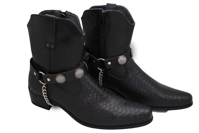 Western Men Boots Bracelets Silver Chain Black Faux Leather 2 Strap Buffalo Bull