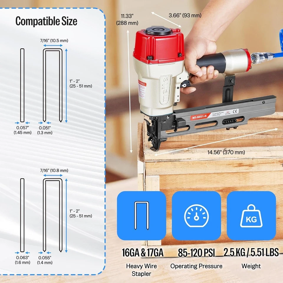 Pistola de grampos pneumática meite MT-N851H calibre 16 7/16" coroa 1" a 2" resistente - Imagem 3 de 4