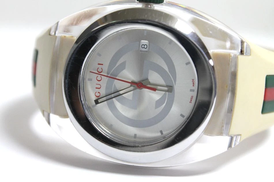Montre homme GUCCI Sink 137,1 3 aiguilles date SS ceinture caoutchouc homme quartz argent S