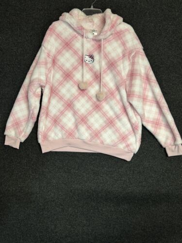 NEW Sanrio Hello Kitty Fuzzy Fleece Hoodie Pink Plaid w/Pom Poms Pullover Sz 3X