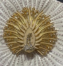 Vintage Gold Tone And Pale Peach Enamel Peacock Brooch Beautiful Statement Piece