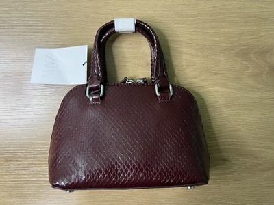 ZARA Embossed Mini City Bag Burgundy Red Faux Snake Texture Top Handle Purse