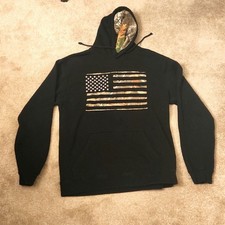 Buck Wear Realtree Black Pullover Hoodie w/ Camo American Flag Image Size L