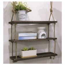 3 Tier Wooden Hanging Shelf | Wall Mounted Rope Shelving Solid Wood Shelf M&W