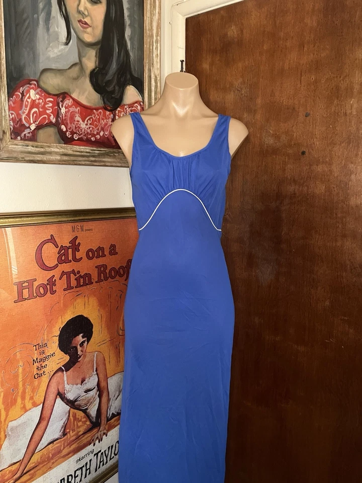 Vtg 60s Blue Nylon Sporty Mod Cool SEARS Maxi Long Nightgown Slip dress 36 S/M - Image 2 of 4