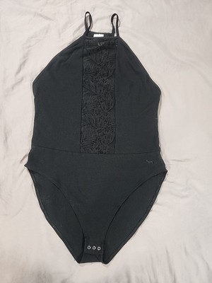 VS Black Bodysuit Victorias Secret PINK Size L Snap Bottom Mesh Lace Bodysuit