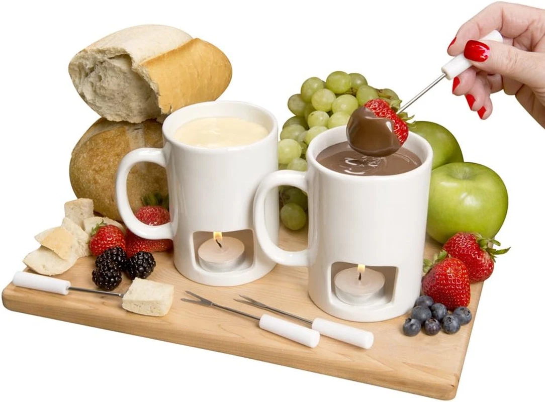 2 Pack Mini Fondue Mug Set, Ceramic, 4 Forks, 8 Candles, Chocolate/Cheese Gift