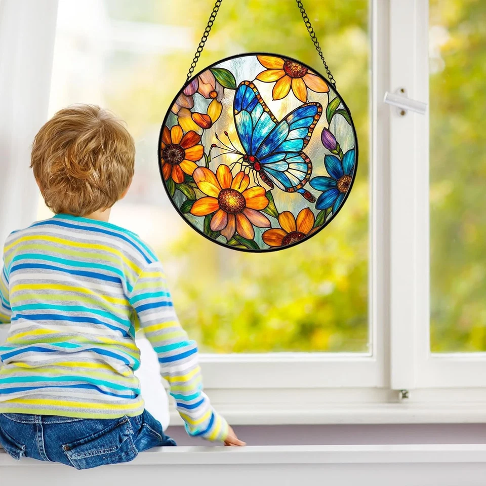 Decoración colgante ventana atrapasol vitral flor amarilla mariposa Foto 4 de 4