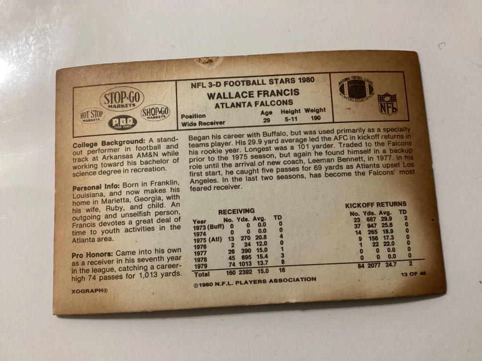 1980 STOP-N-GO 3D CARD WALLACE FRANCIS 2 ATLANTA FALCONS #13 - Image 4 of 4