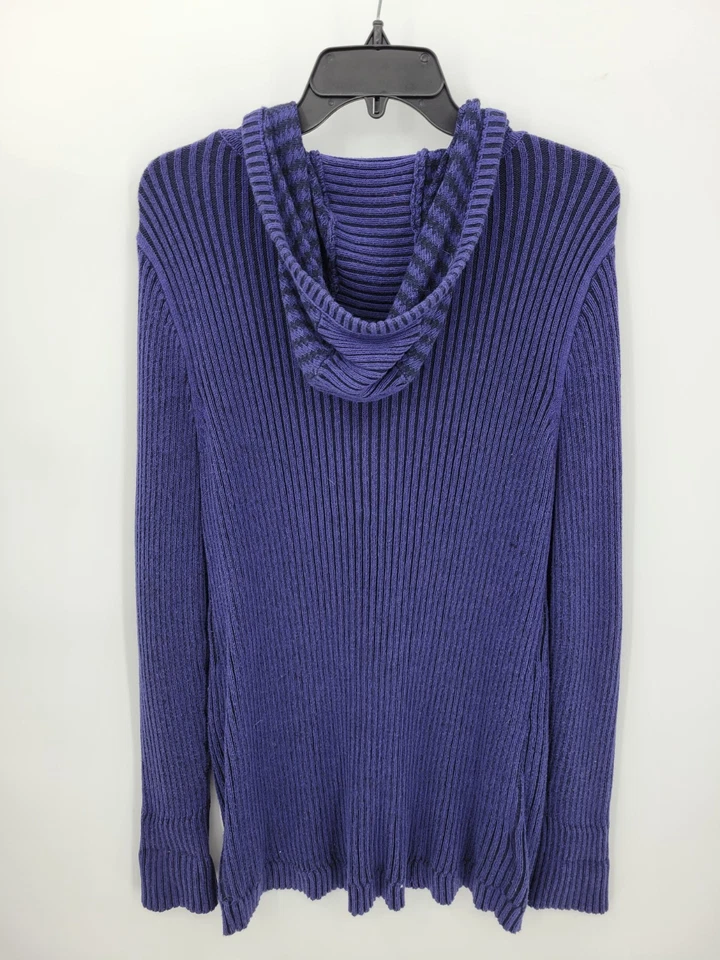 Eddie Bauer Cardigan Sweater Womens Large Blue Black Stripe Hooded Zip Up Chunky - Image 2 of 4