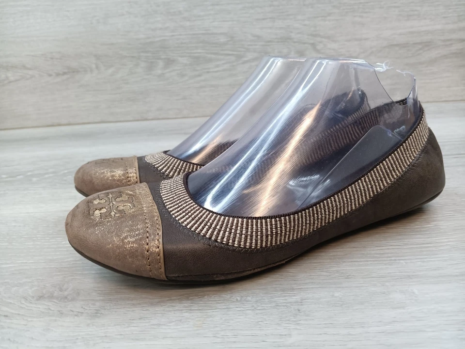 Sapatilhas de balé Tory Burch Caroline femininas couro acastanhado logotipo golfe conforto tamanho 8M - Imagem 3 de 4