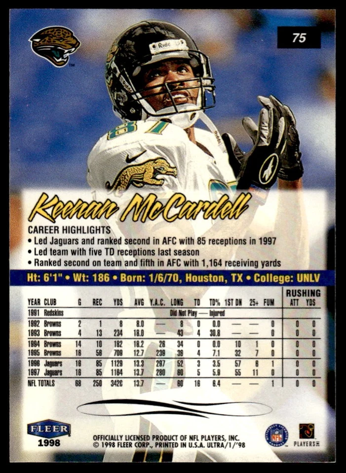 1998 Ultra Keenan McCardell #75 Jacksonville Jaguars - Image 2 of 2