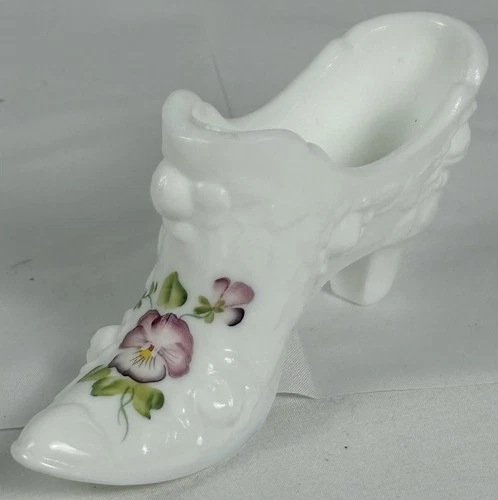 Fenton White Cabbage Rose Shoe Hand Painted Pansies Flowers Signed S. Hopkins