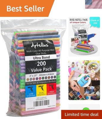 200 Pack Color Hot Glue Sticks. Variety Colored Glue Gun Stick. Hot Melt Adhe...