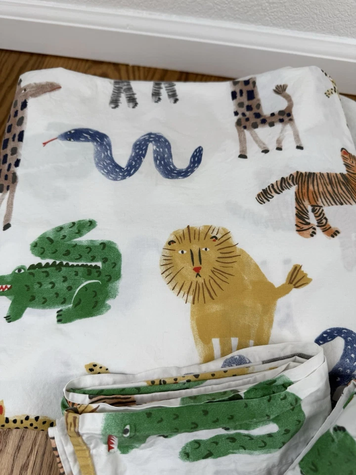 POTTERY BARN KIDS 4 件套 SILLY SAFARI 动物全罩套装有机棉 — 第 2/4 张图片