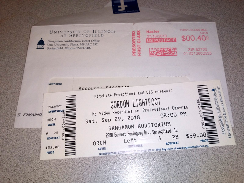 Gordon Lightfoot Unused Concert Ticket  Rare 9/29/18 Springfield, IL