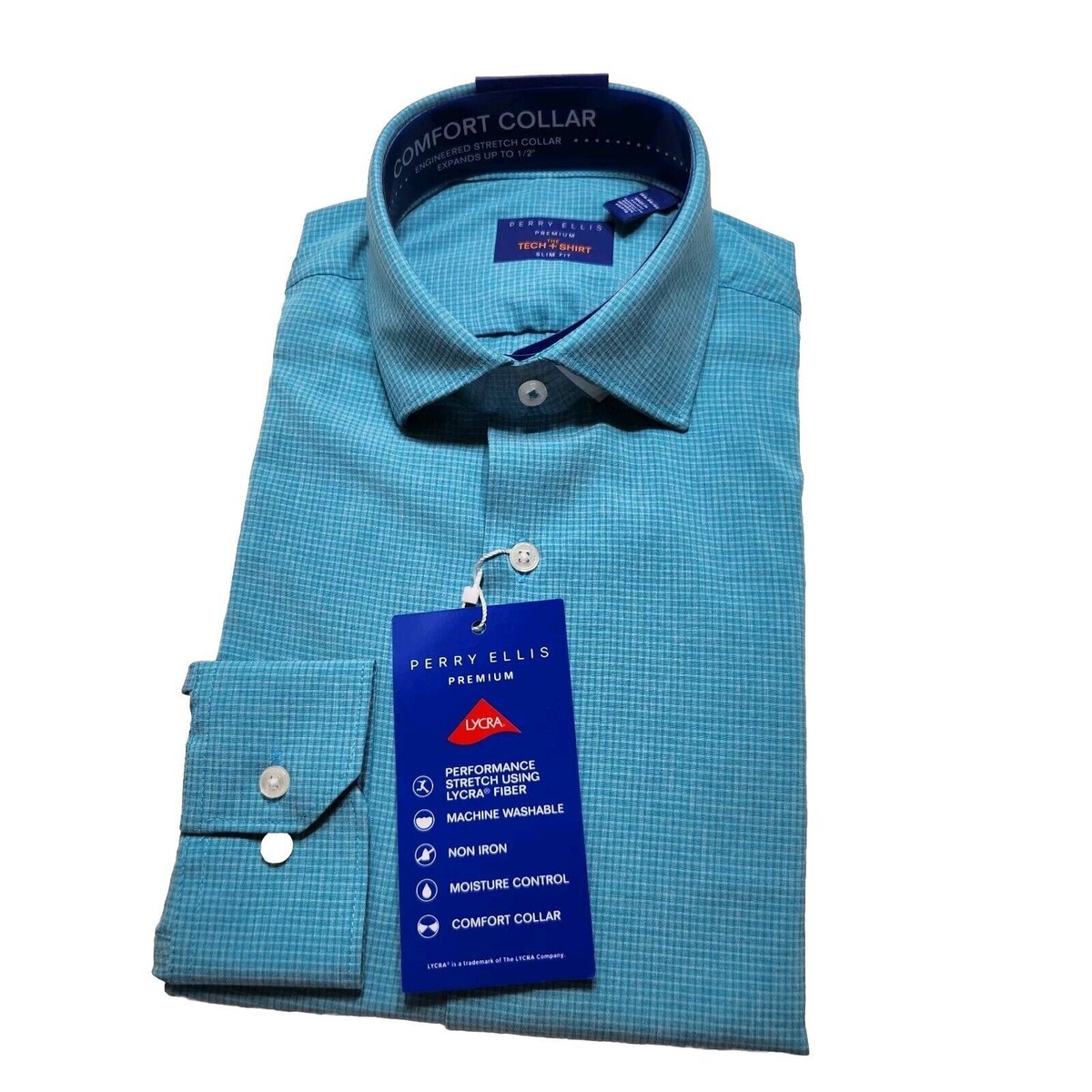 Perry Ellis Dress Shirt Men's Size 15.5 4/35 Slim Fit Turquoise Check NWT  11 | eBay
