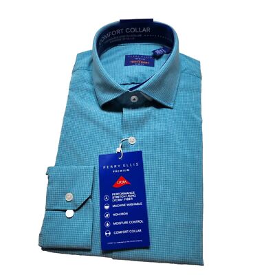 Perry Ellis Dress Shirt Men's Size 15.5 4/35 Slim Fit Turquoise Check NWT  11 | eBay