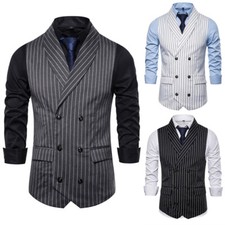 Men Double-Breaste Waistcoat Striped Shawl Lapel Suit Waistcoat Dress Vest Top