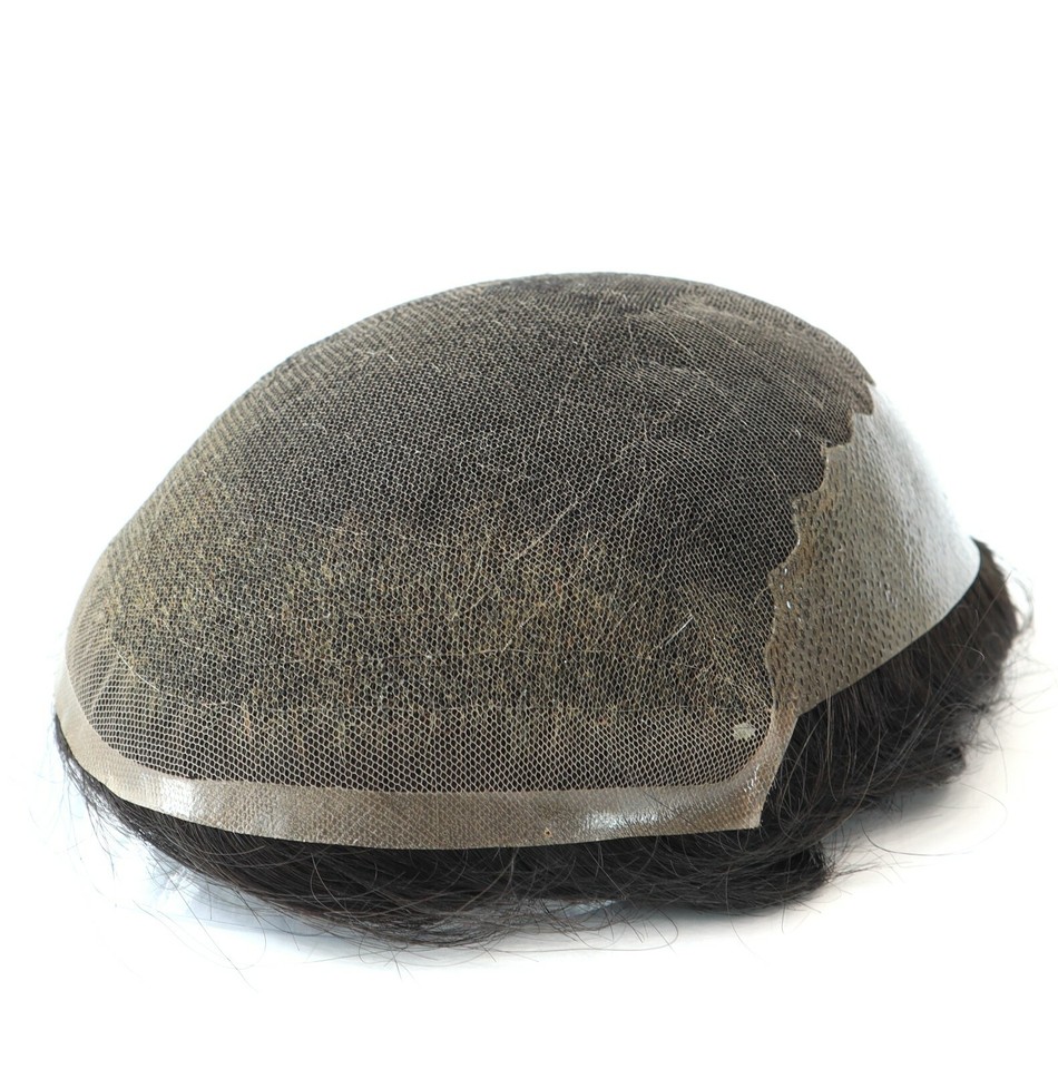 Mens Human Hair Toupee – French Lace – Off Black #1B – Wavy 5 Inch – Thin Skin Sides