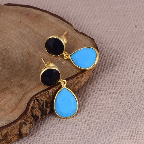 Yellow Gold Plated Double Stone Pear & Round Black Onyx & Turquoise Earrings - Picture 7 of 14