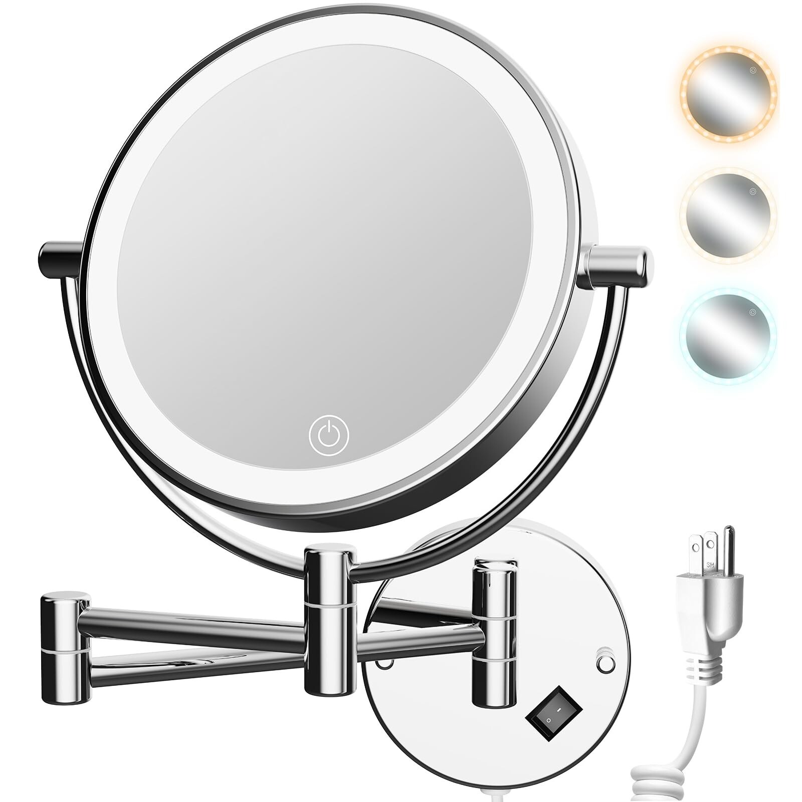 Wall Mounted Makeup Mirror with 3 Color Lights Stepless Dimming 1X 10X Magnification
