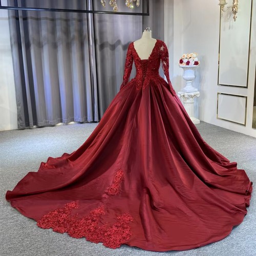 Red Wedding Dresses Beaded V-Neck Long Sleeves Satin Bridal Gowns Court Train - Picture 3 of 7