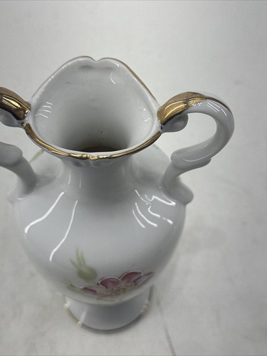 Porcelain Signed Renee~ Painted Floral Double Handled Vase, 8" B023 - Picture 9 of 10