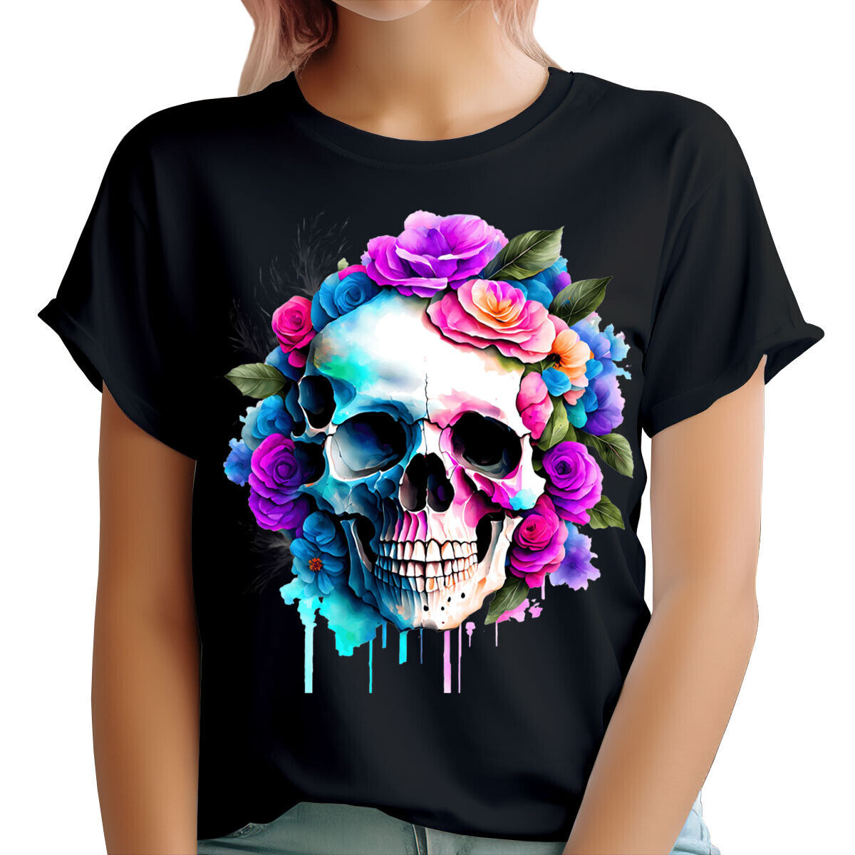 Colorido Flor Calavera Eslogan Rocker Motociclista Esqueleto Mujer Camisetas Camiseta Top #6ED