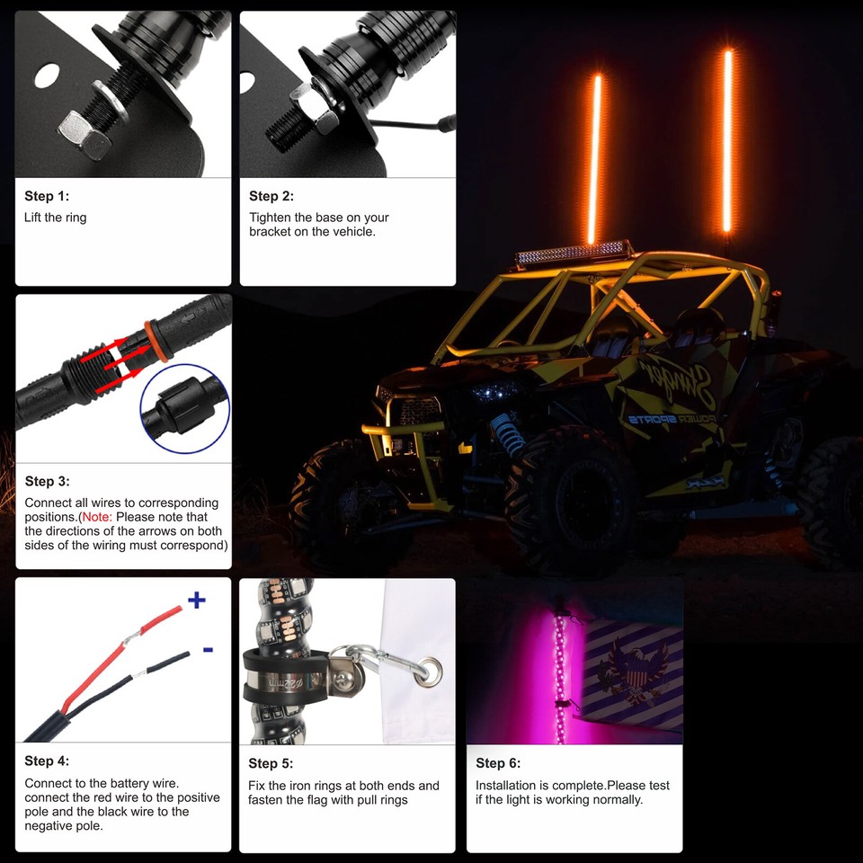 3FT Lighted Spiral LED Whip Antenna w/Flag & Remote For ATV Polaris RZR ...