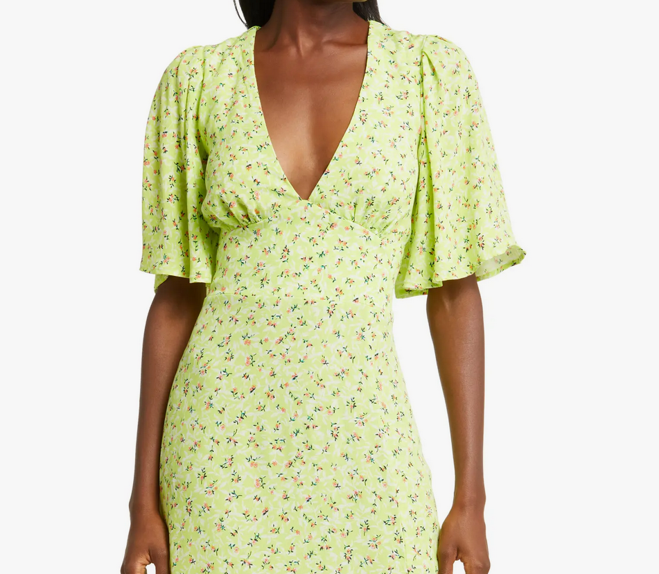 green floral printed zelda midi dress Flutter Sleeve lime floral AFRM New M open back ffsale25